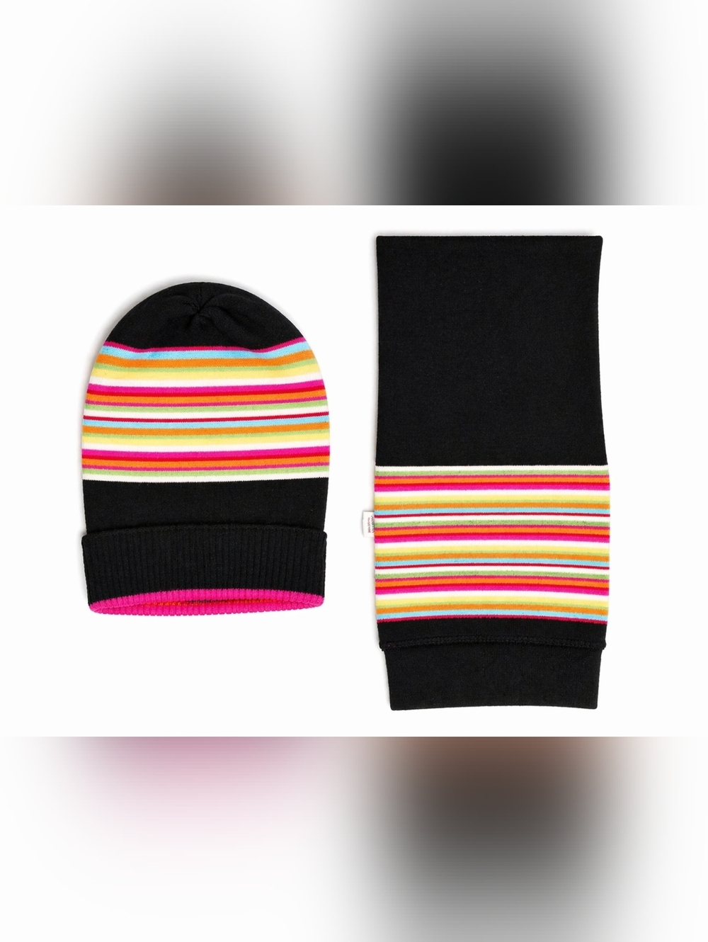 Black Beanie & Scarf Set with Pink, Yellow and Multicolor Stripes